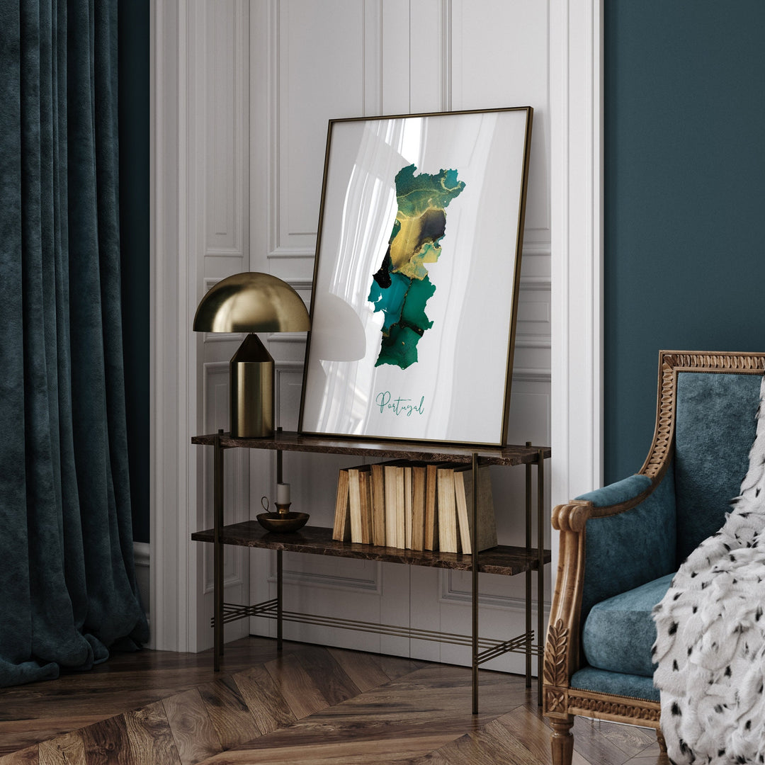Portugal Map Emerald Green and Gold Wall Art Print