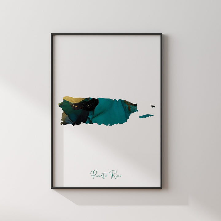 Puerto Rico Map Emerald Green and Gold Wall Art Print