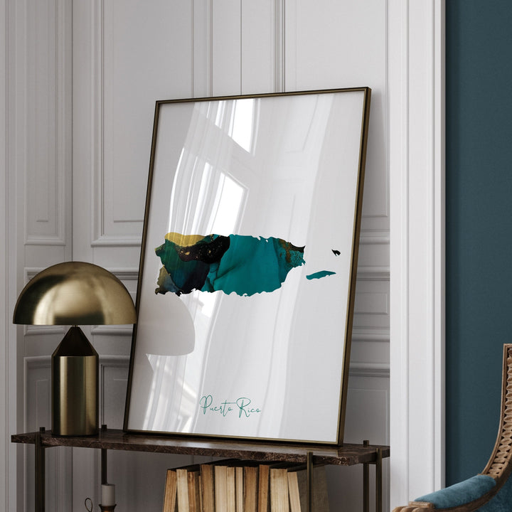 Puerto Rico Map Emerald Green and Gold Wall Art Print