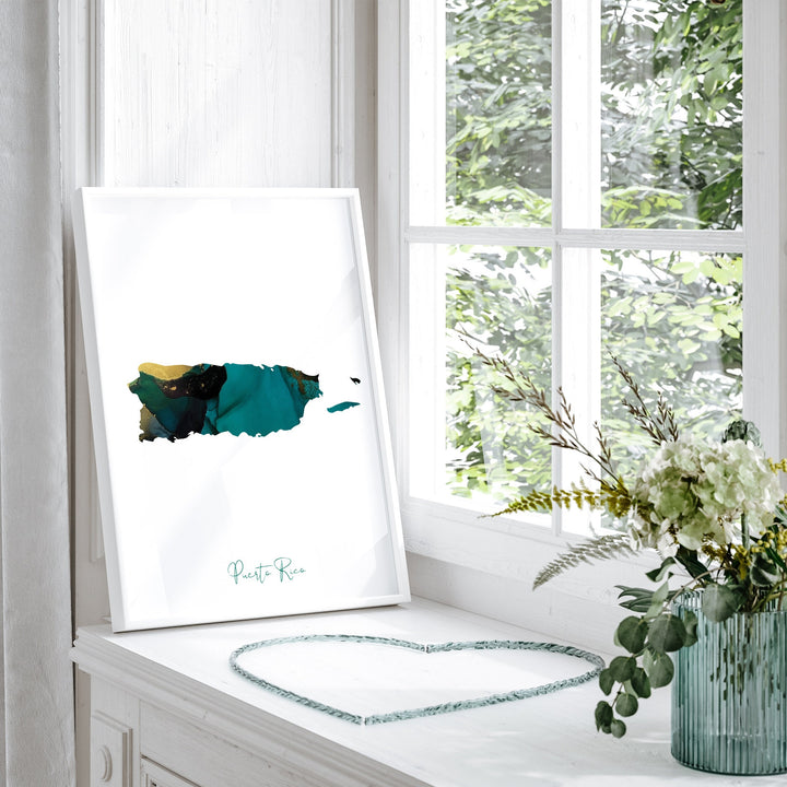 Puerto Rico Map Emerald Green and Gold Wall Art Print