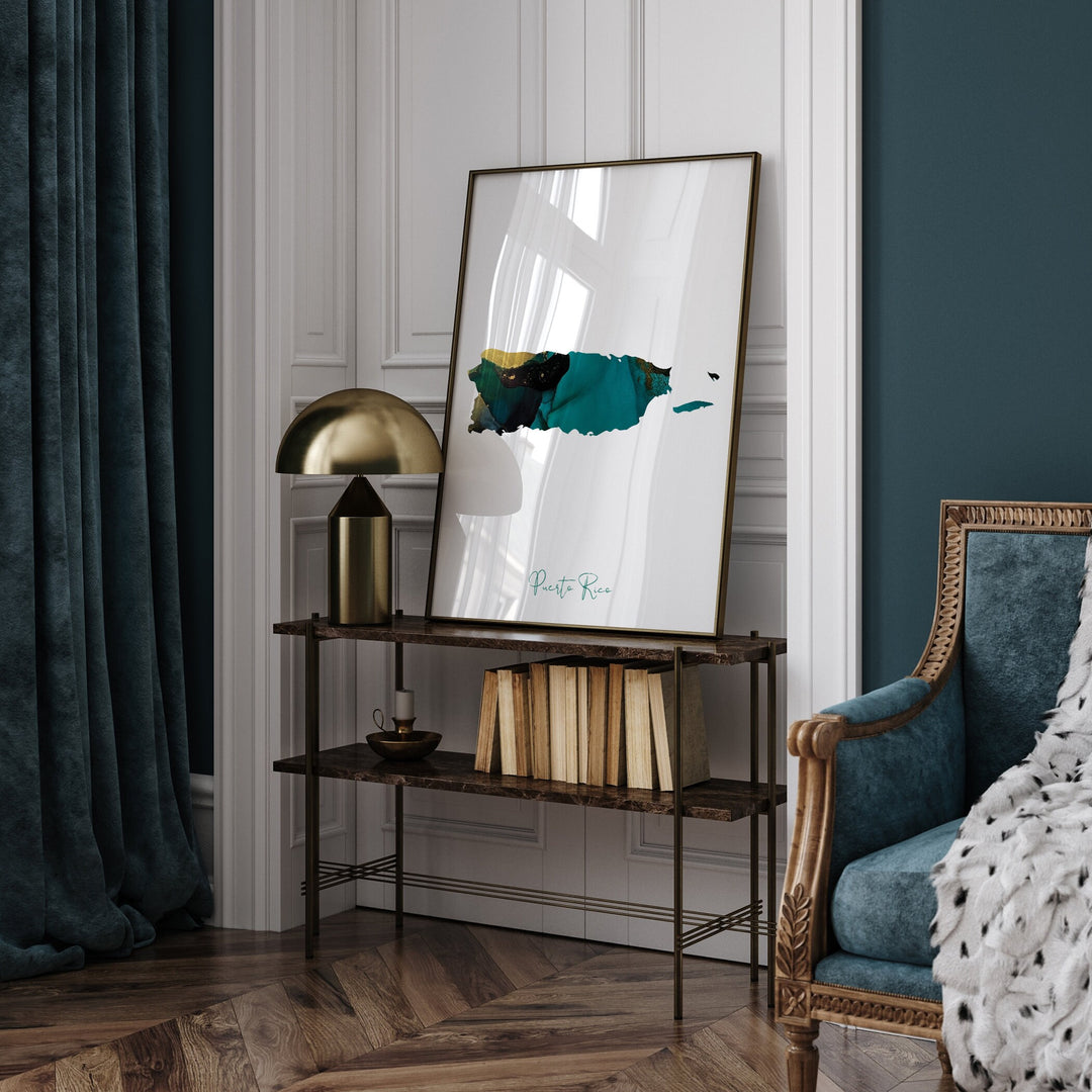 Puerto Rico Map Emerald Green and Gold Wall Art Print