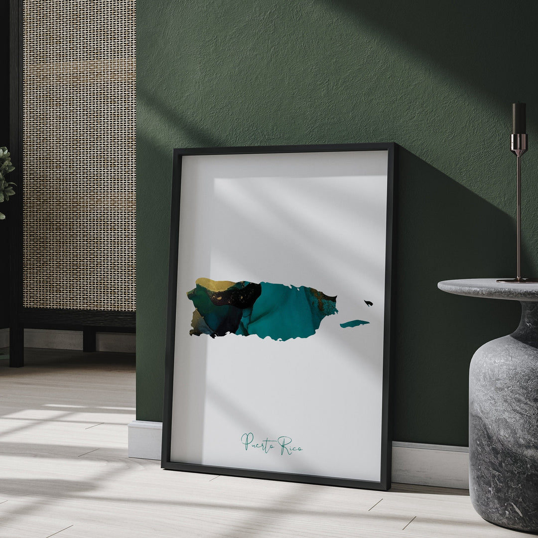 Puerto Rico Map Emerald Green and Gold Wall Art Print