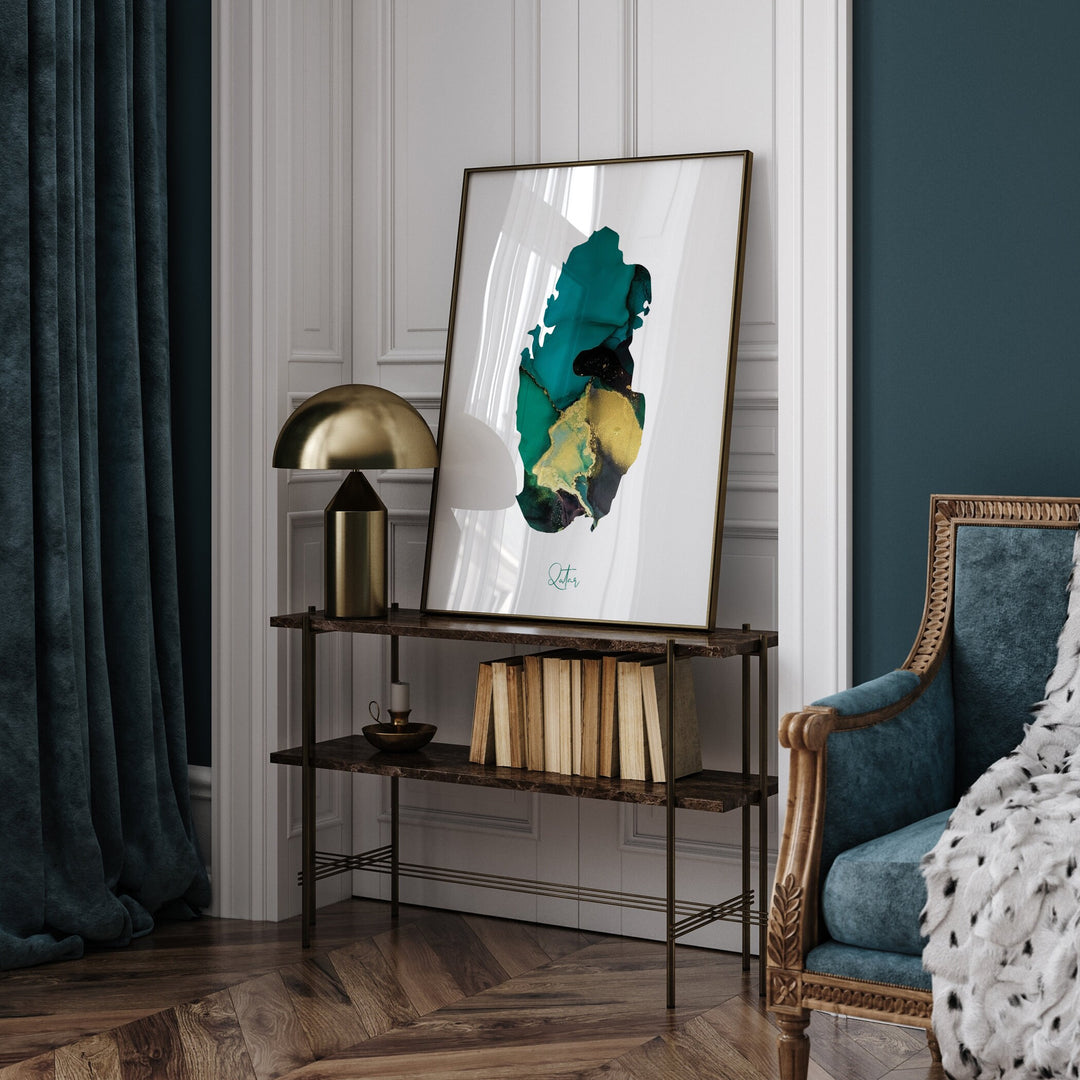 Qatar Map Emerald Green and Gold Wall Art Print