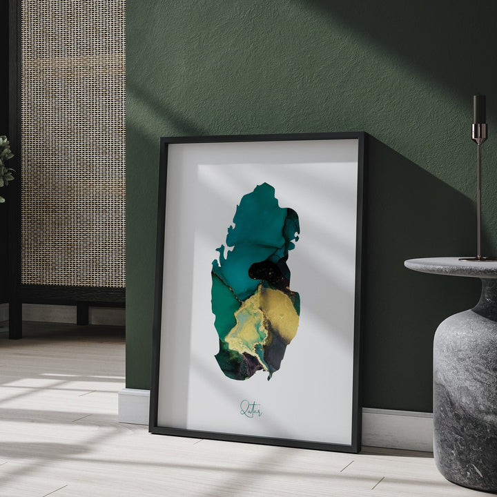Qatar Map Emerald Green and Gold Wall Art Print