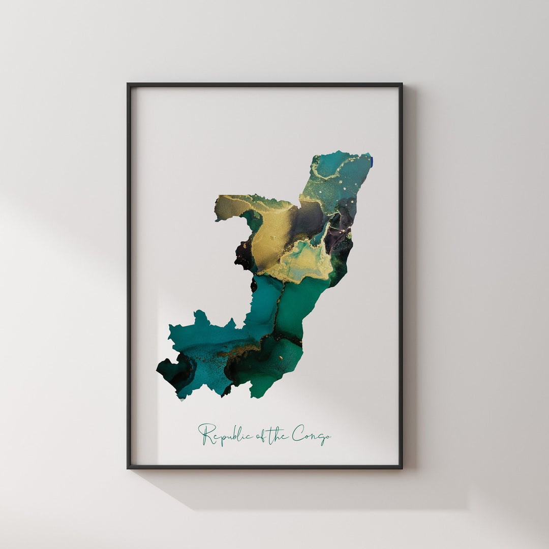 Republic of the Congo Map Emerald Green and Gold Wall Art Print