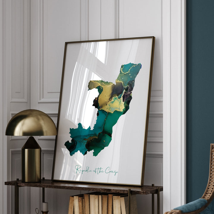 Republic of the Congo Map Emerald Green and Gold Wall Art Print