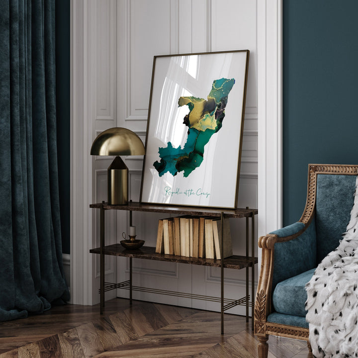 Republic of the Congo Map Emerald Green and Gold Wall Art Print