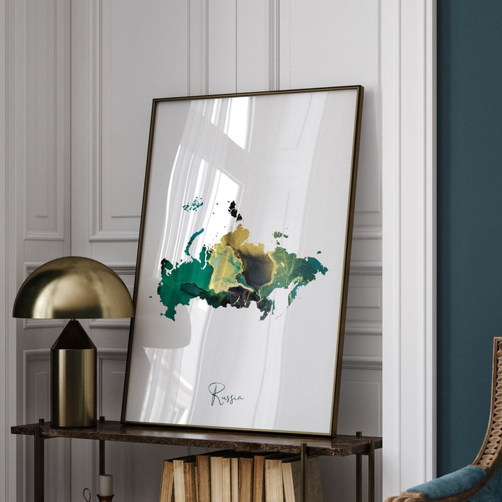 Russia Map Emerald Green and Gold Wall Art Print
