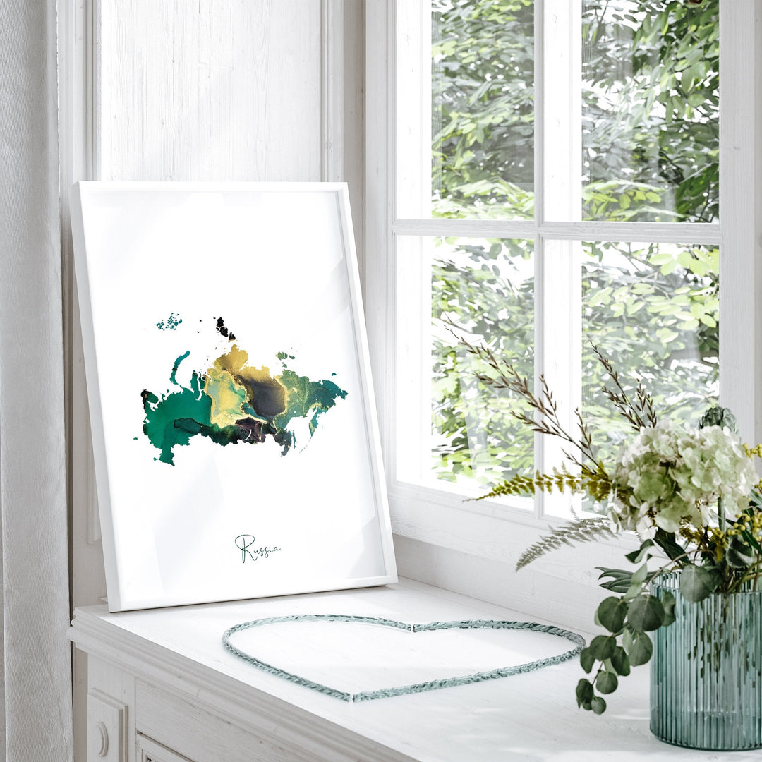 Russia Map Emerald Green and Gold Wall Art Print