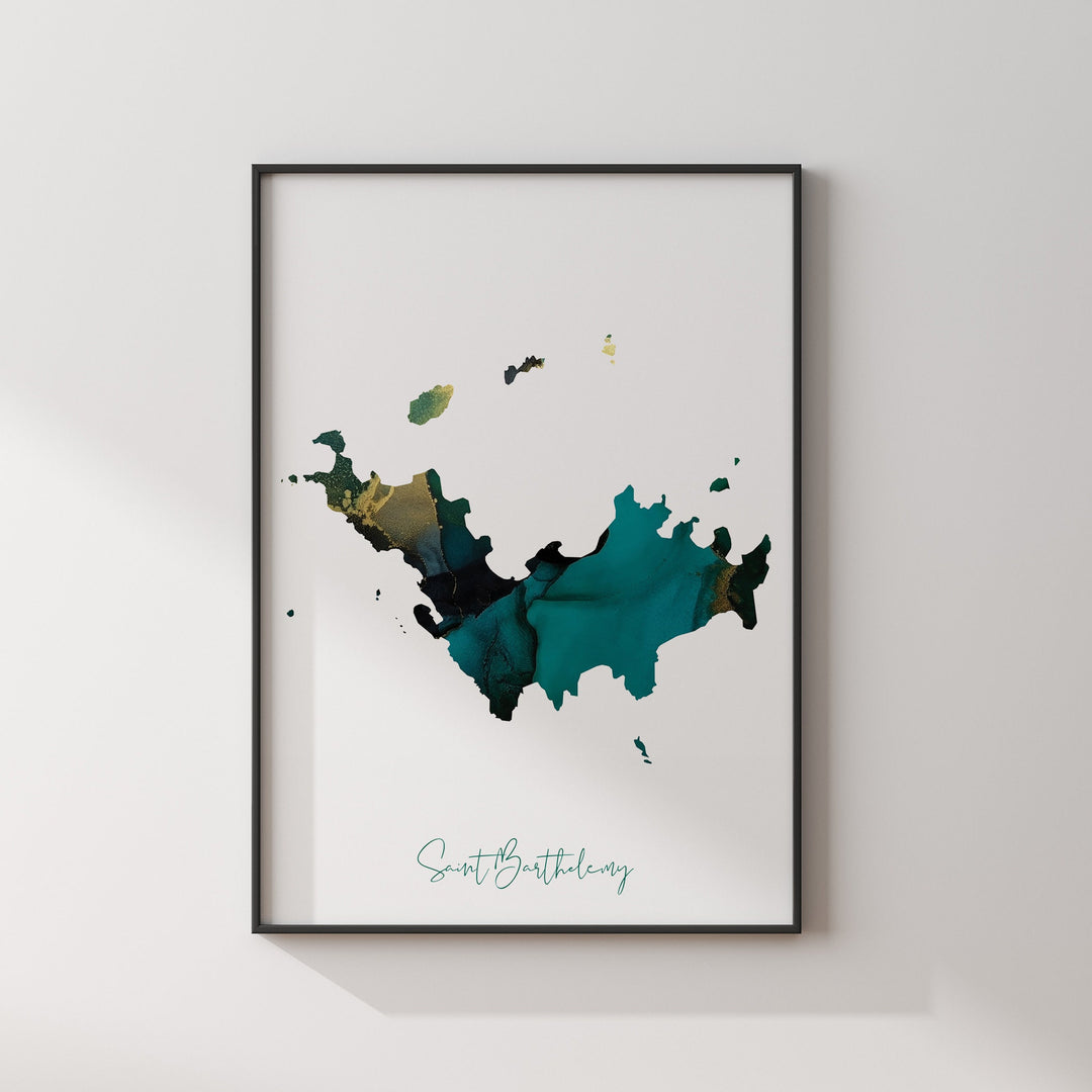 Saint Barthelemy Map Emerald Green and Gold Wall Art Print