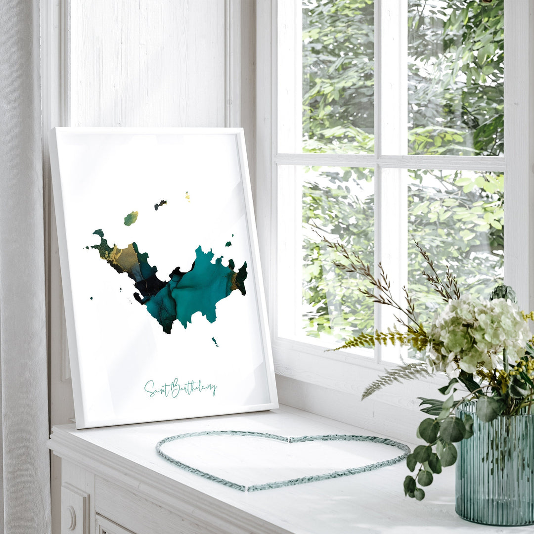 Saint Barthelemy Map Emerald Green and Gold Wall Art Print