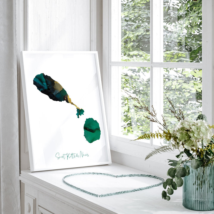 Saint Kitts & Nevis Map Emerald Green and Gold Wall Art Print