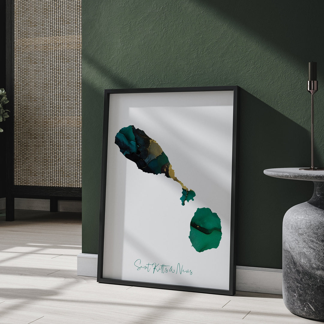 Saint Kitts & Nevis Map Emerald Green and Gold Wall Art Print