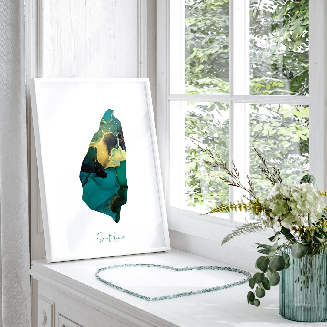 Saint Lucia Map Emerald Green and Gold Wall Art Print