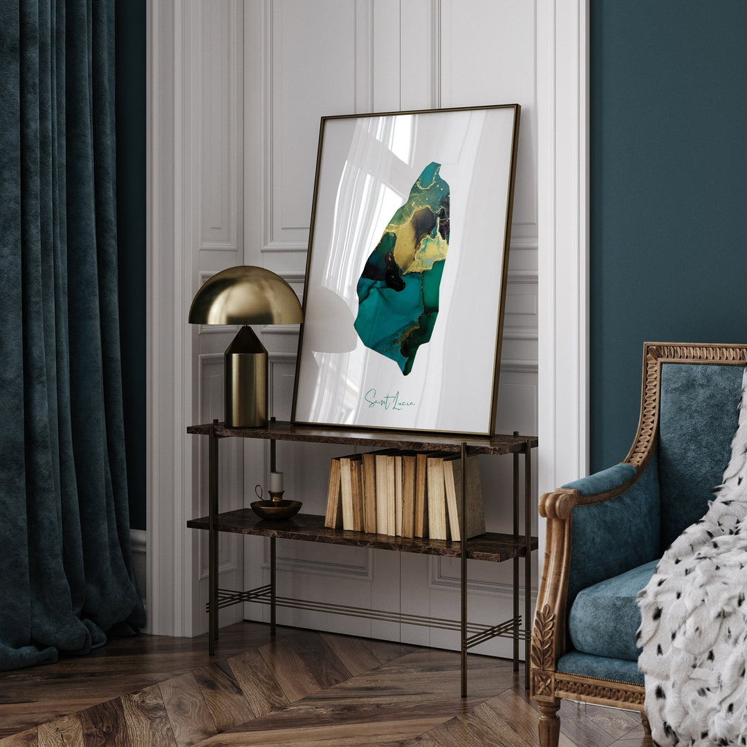 Saint Lucia Map Emerald Green and Gold Wall Art Print