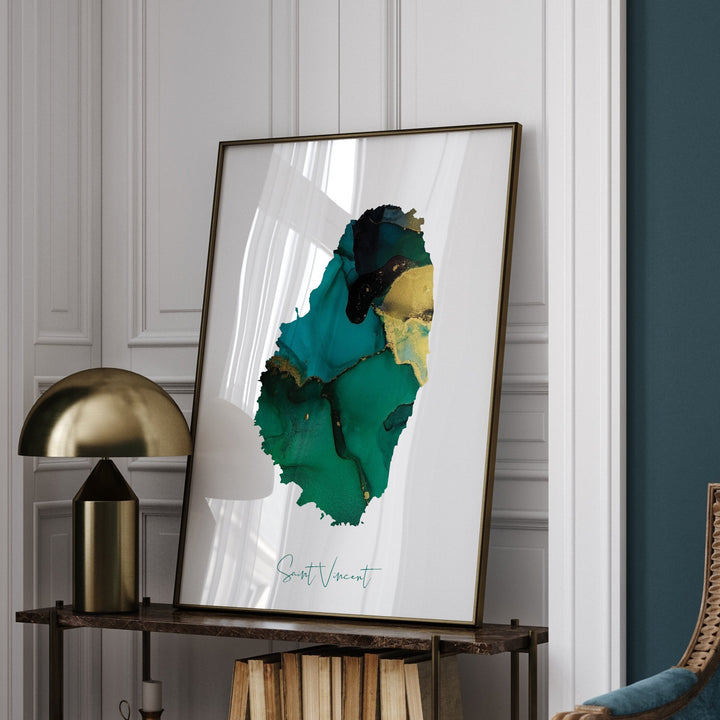 Saint Vincent Map Emerald Green and Gold Wall Art Print