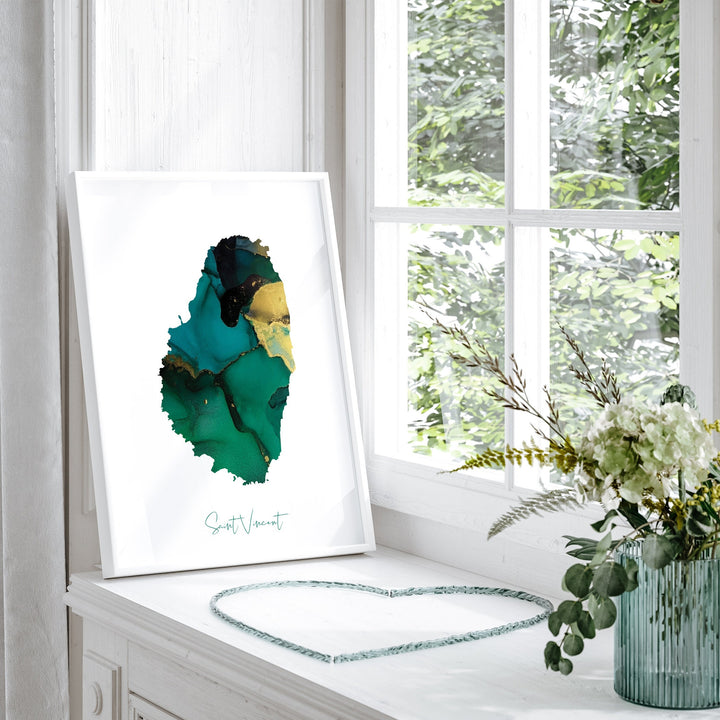 Saint Vincent Map Emerald Green and Gold Wall Art Print