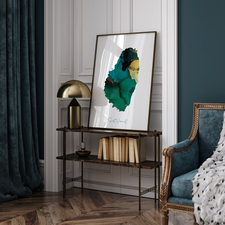Saint Vincent Map Emerald Green and Gold Wall Art Print