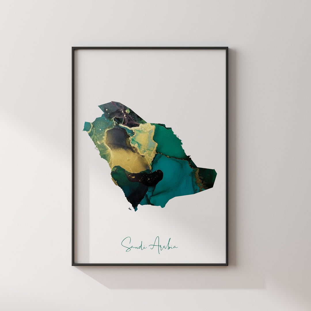 Saudi Arabia Map Emerald Green and Gold Wall Art Print