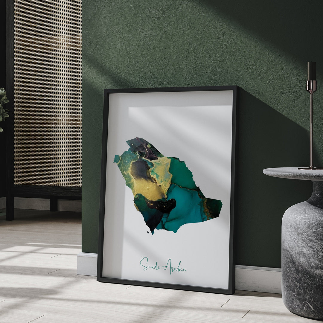 Saudi Arabia Map Emerald Green and Gold Wall Art Print