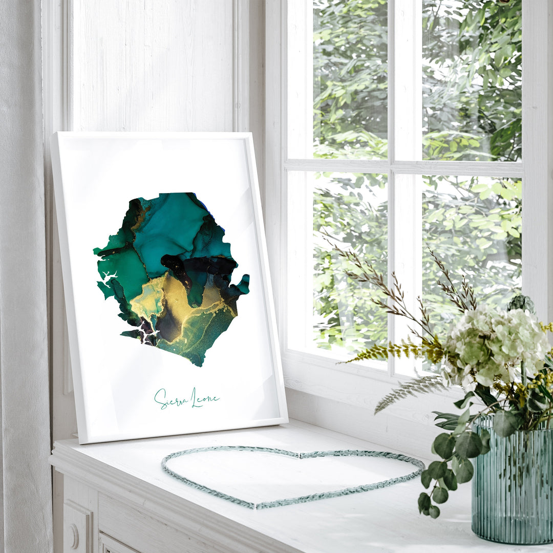 Sierra Leone Map Emerald Green and Gold Wall Art Print