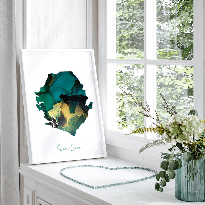 Sierra Leone Map Emerald Green and Gold Wall Art Print