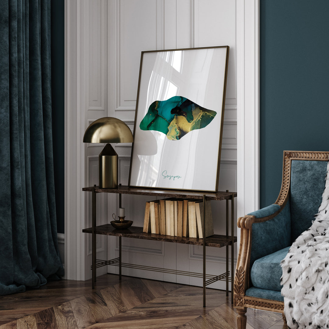 Singapore Map Emerald Green and Gold Wall Art Print