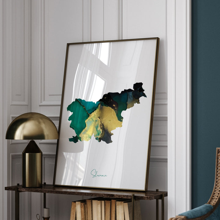 Slovenia Map Emerald Green and Gold Wall Art Print