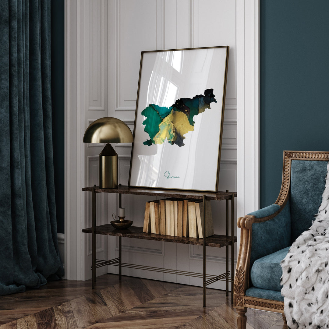 Slovenia Map Emerald Green and Gold Wall Art Print