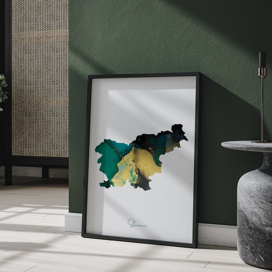 Slovenia Map Emerald Green and Gold Wall Art Print