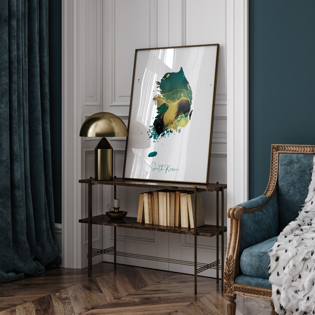 South Korea Map Emerald Green and Gold Wall Art Print