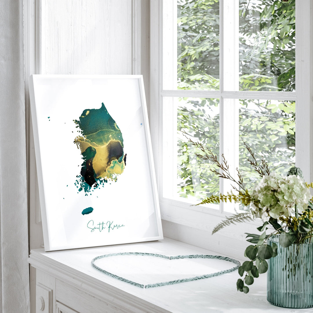 South Korea Map Emerald Green and Gold Wall Art Print