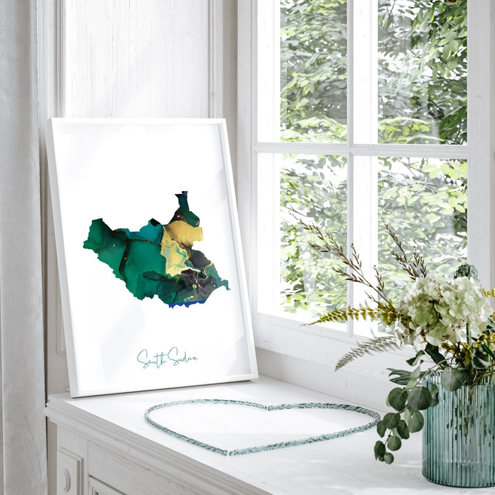 South Sudan Map Emerald Green and Gold Wall Art Print