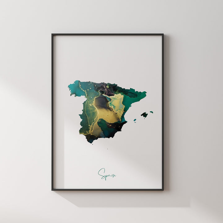 Spain Map Emerald Green and Gold Wall Art Print