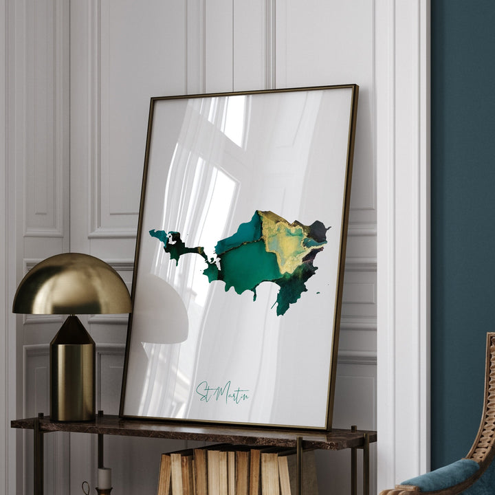 St Martin Map Emerald Green and Gold Wall Art Print