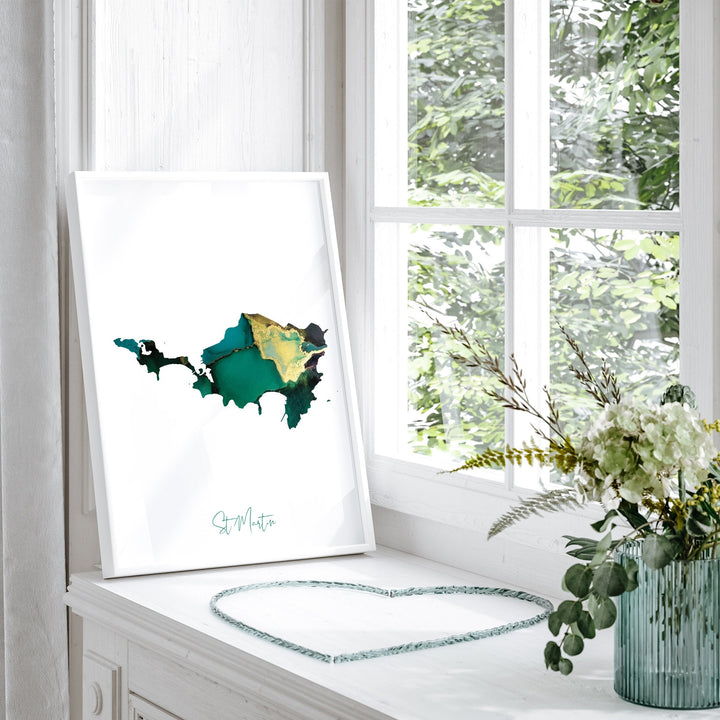 St Martin Map Emerald Green and Gold Wall Art Print