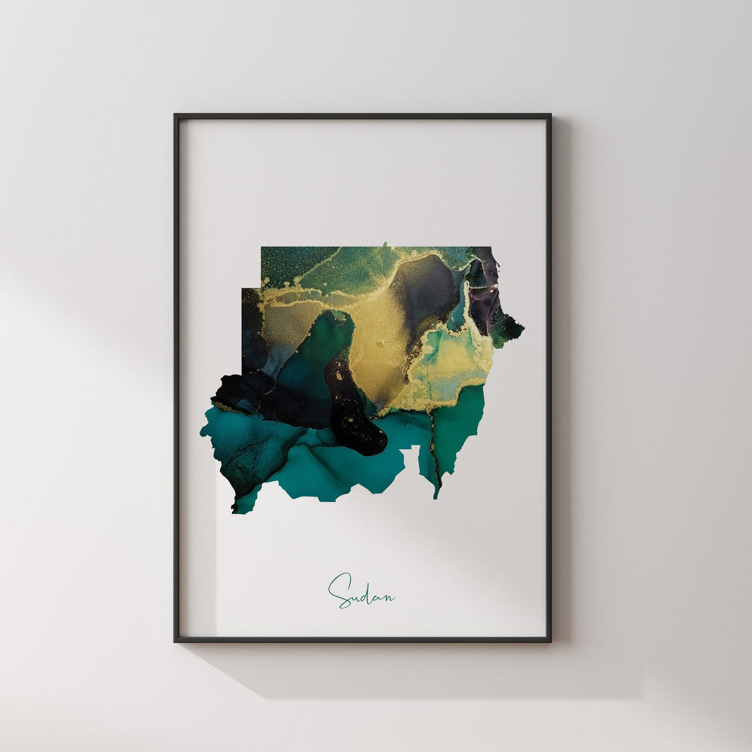 Sudan Map Emerald Green and Gold Wall Art Print