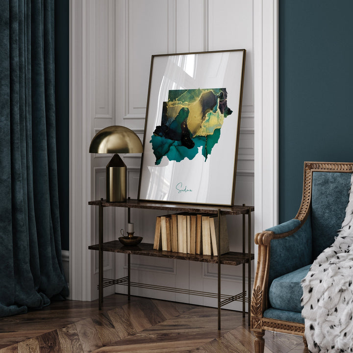 Sudan Map Emerald Green and Gold Wall Art Print
