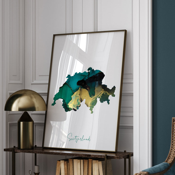 Switzerland Map Emerald Green and Gold Wall Art Print