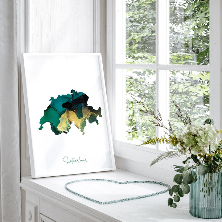 Switzerland Map Emerald Green and Gold Wall Art Print
