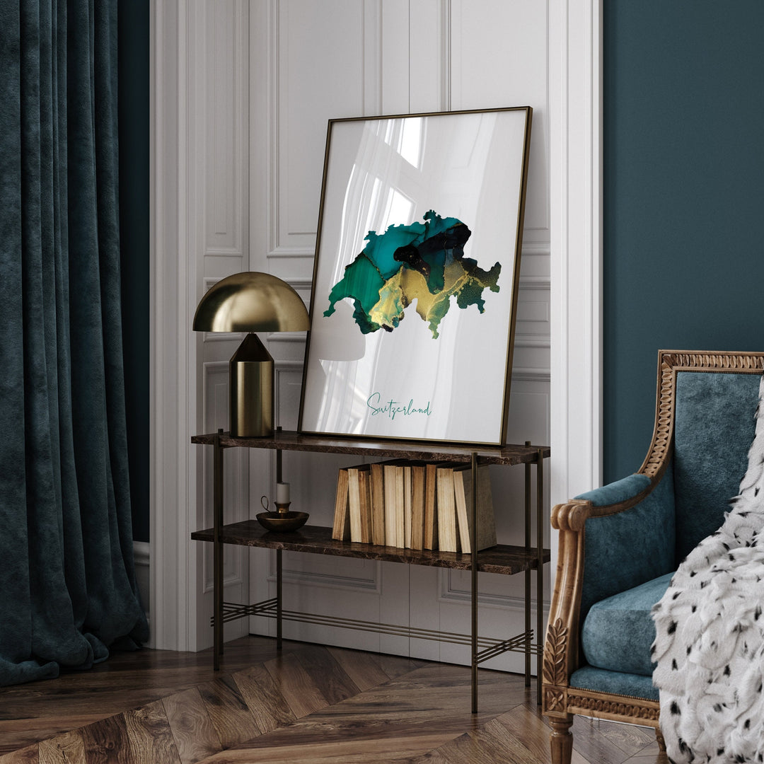 Switzerland Map Emerald Green and Gold Wall Art Print