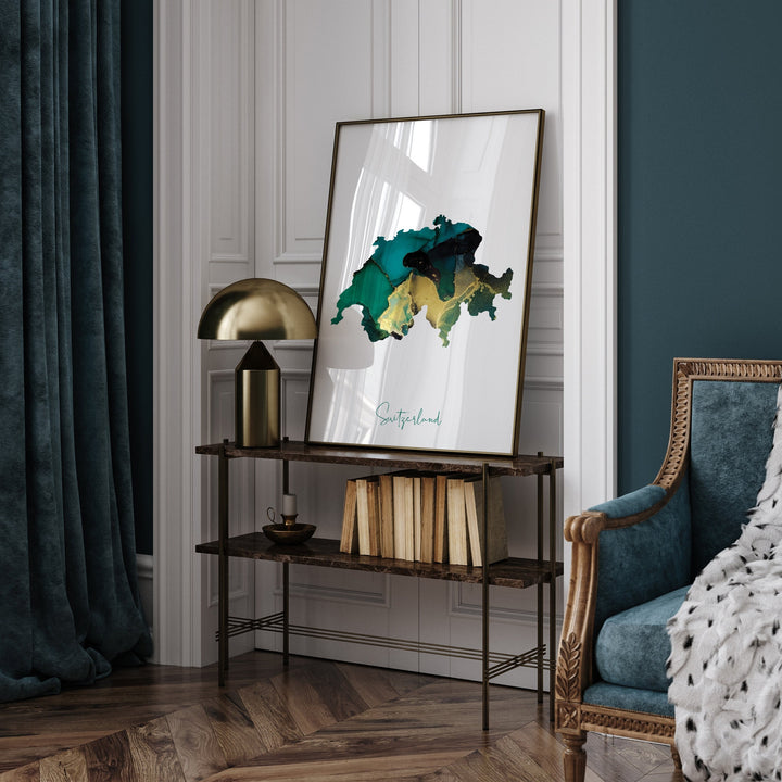 Switzerland Map Emerald Green and Gold Wall Art Print