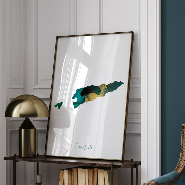 Timor-Leste Map Emerald Green and Gold Wall Art Print