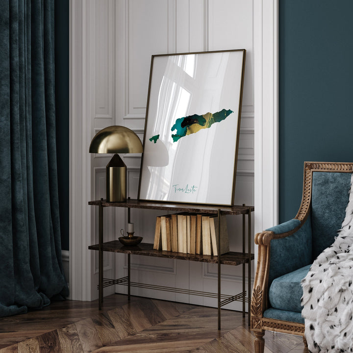Timor-Leste Map Emerald Green and Gold Wall Art Print