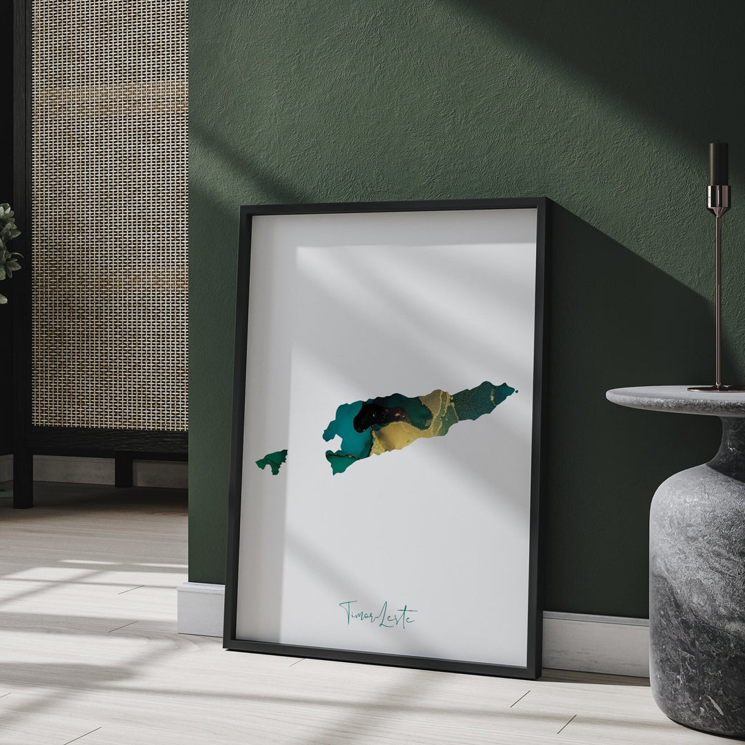 Timor-Leste Map Emerald Green and Gold Wall Art Print