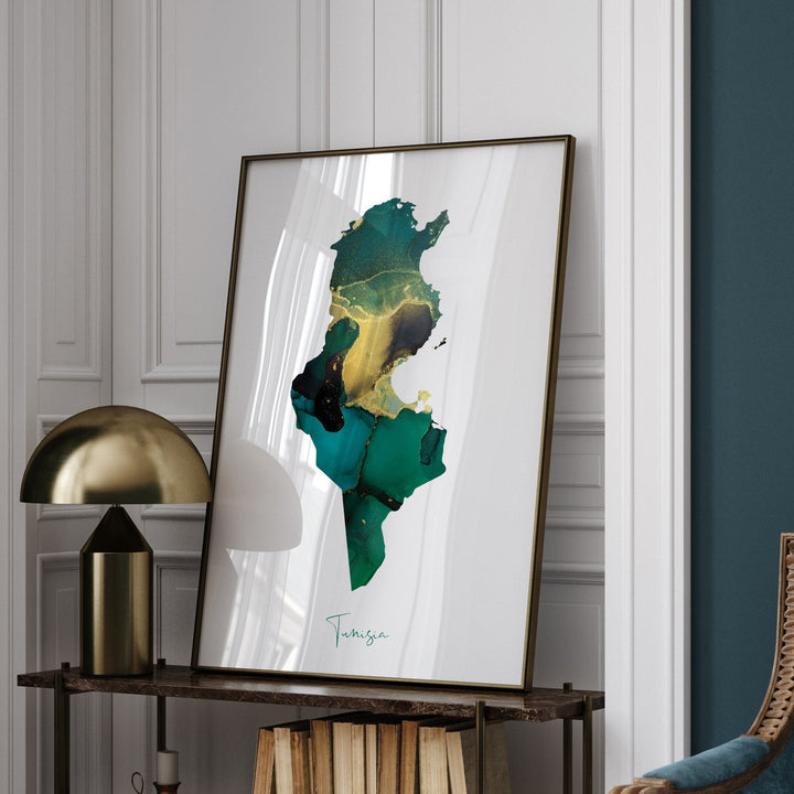 Tunisia Map Emerald Green and Gold Wall Art Print