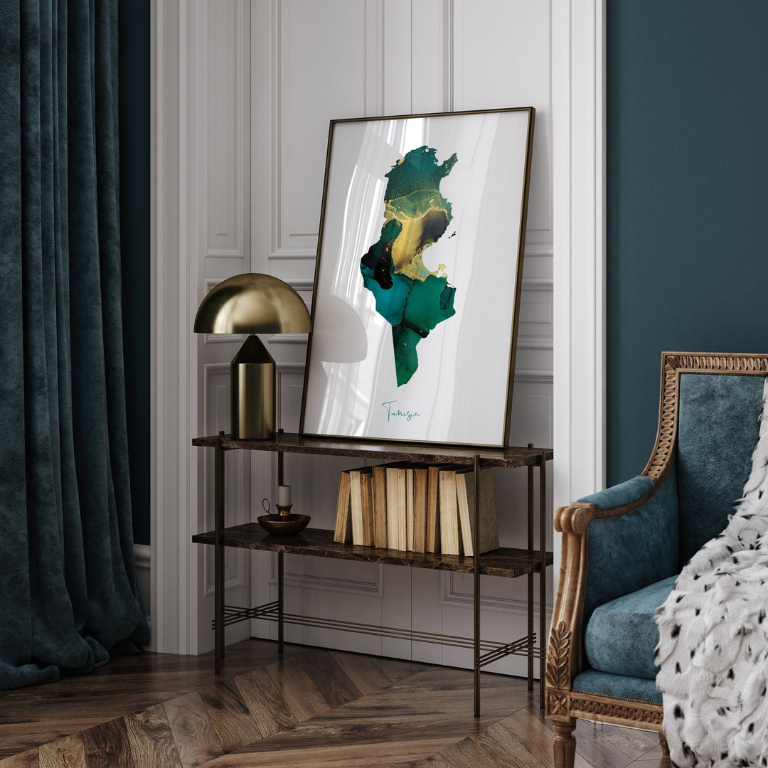 Tunisia Map Emerald Green and Gold Wall Art Print