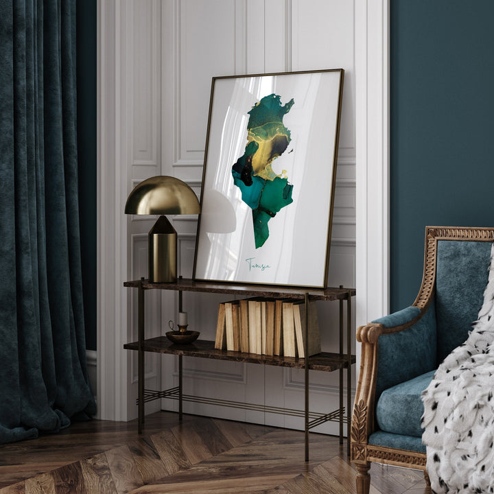 Tunisia Map Emerald Green and Gold Wall Art Print