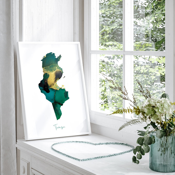 Tunisia Map Emerald Green and Gold Wall Art Print
