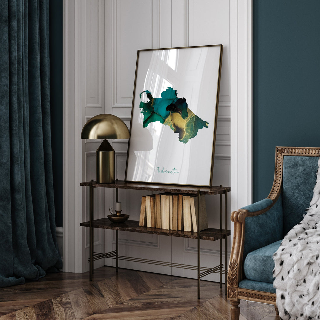 Turkmenistan Map Emerald Green and Gold Wall Art Print